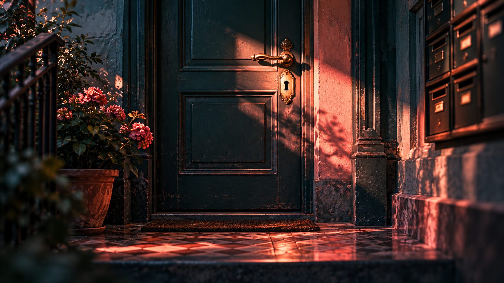 OGE Word Building Lesson 2 — editorial cinematic photo of a closed front door of a block of flats with an empty keyhole and a doormat, soft teal light and a warm coral glow