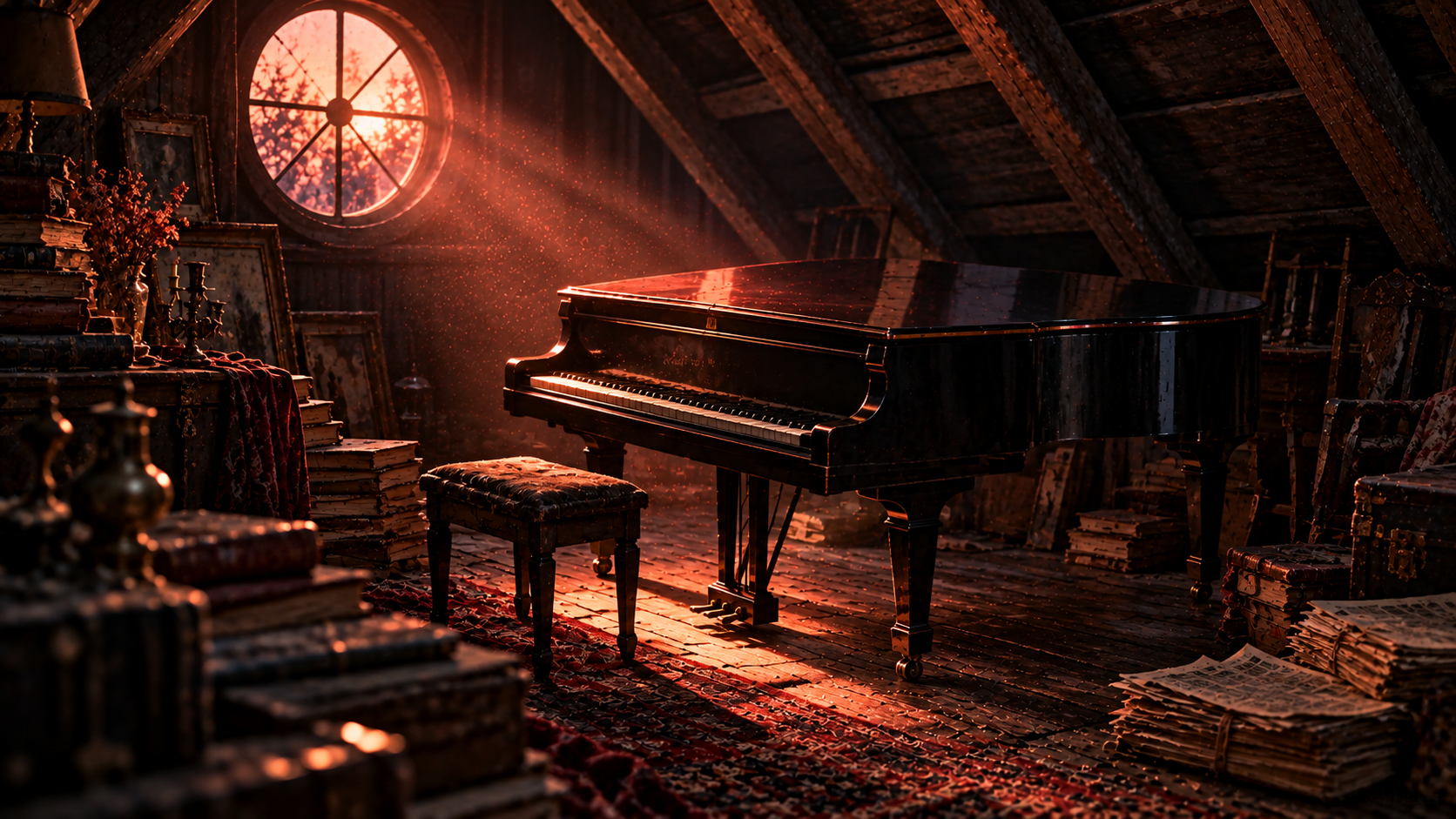 OGE Real Test Lesson 4 — editorial cinematic photo of an old shiny grand piano in a dusty attic, lit by a coral sunbeam through a small smoky window, near-black background