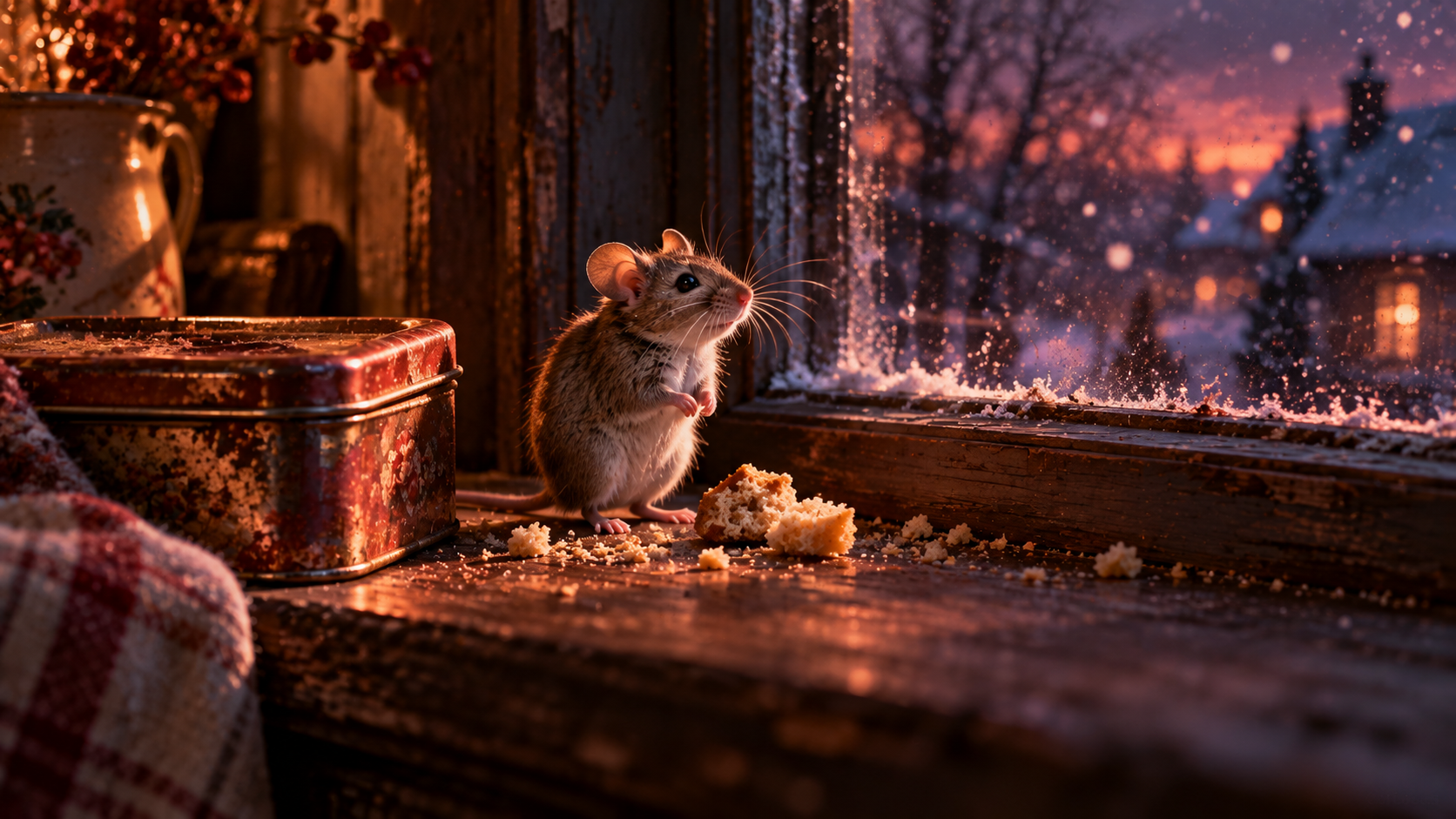 OGE Practice Lesson 3 — editorial cinematic photo of a small grey mouse sitting next to an old tin box on a kitchen windowsill, plum and warm amber tones