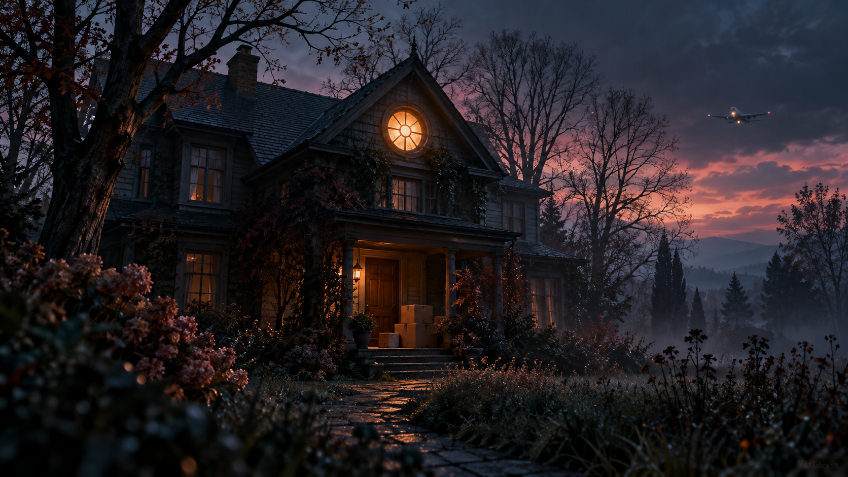 OGE Word Forms Lesson 1 vocabulary — editorial cinematic photo of a large gloomy old house at dusk with moving boxes on the porch and one warm lit window under the roof, slate-blue shadows