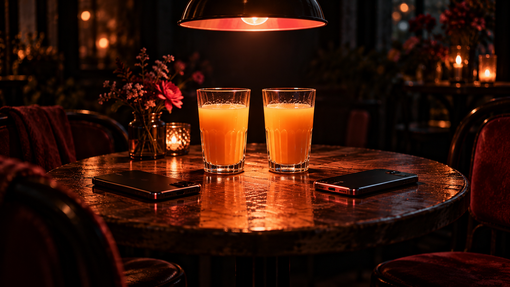 OGE Real Test Lesson 4 — editorial cinematic photo of two phones turned face down and pushed aside on a café table next to two glasses of juice, lit by a warm coral lamp, near-black background