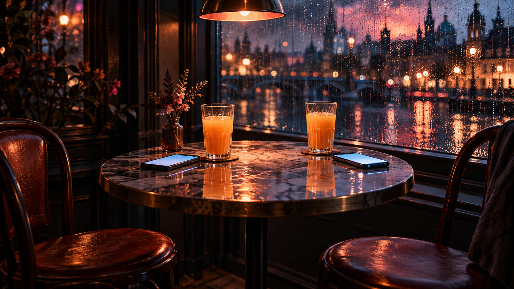 OGE Word Forms Lesson 1 vocabulary — editorial cinematic photo of a small café table by a rainy window with two glasses of orange juice and two glowing smartphones, slate-blue evening light
