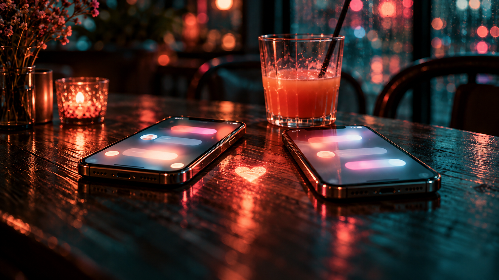 OGE Word Building Lesson 2 — editorial cinematic photo of two smartphones lying side by side on a café table, their screens glowing with notifications, soft teal light and a warm coral glow
