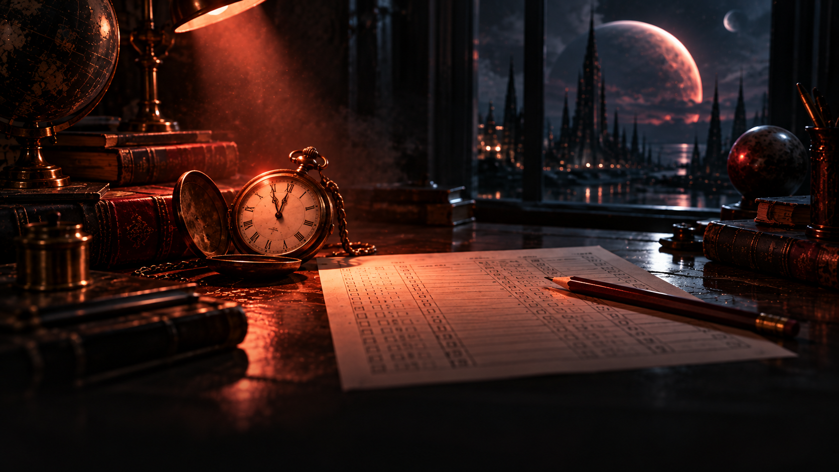 OGE Real Test Lesson 4 — editorial cinematic photo of an antique pocket watch lying on a closed exam answer sheet next to a worn sci-fi phrasebook on a dark wooden desk, warm coral neon light against deep charcoal shadows