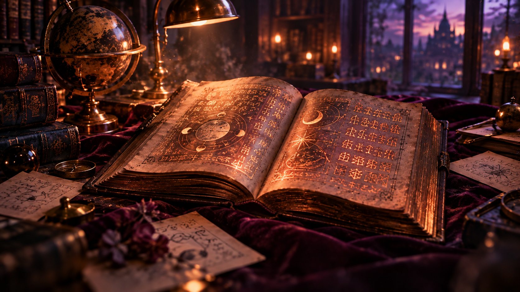 OGE Practice Lesson 3 — editorial cinematic photo of an antique leather-bound storybook open on a dark velvet surface, its softly glowing pages filled with unknown alien script, warm coral neon light against deep violet shadows