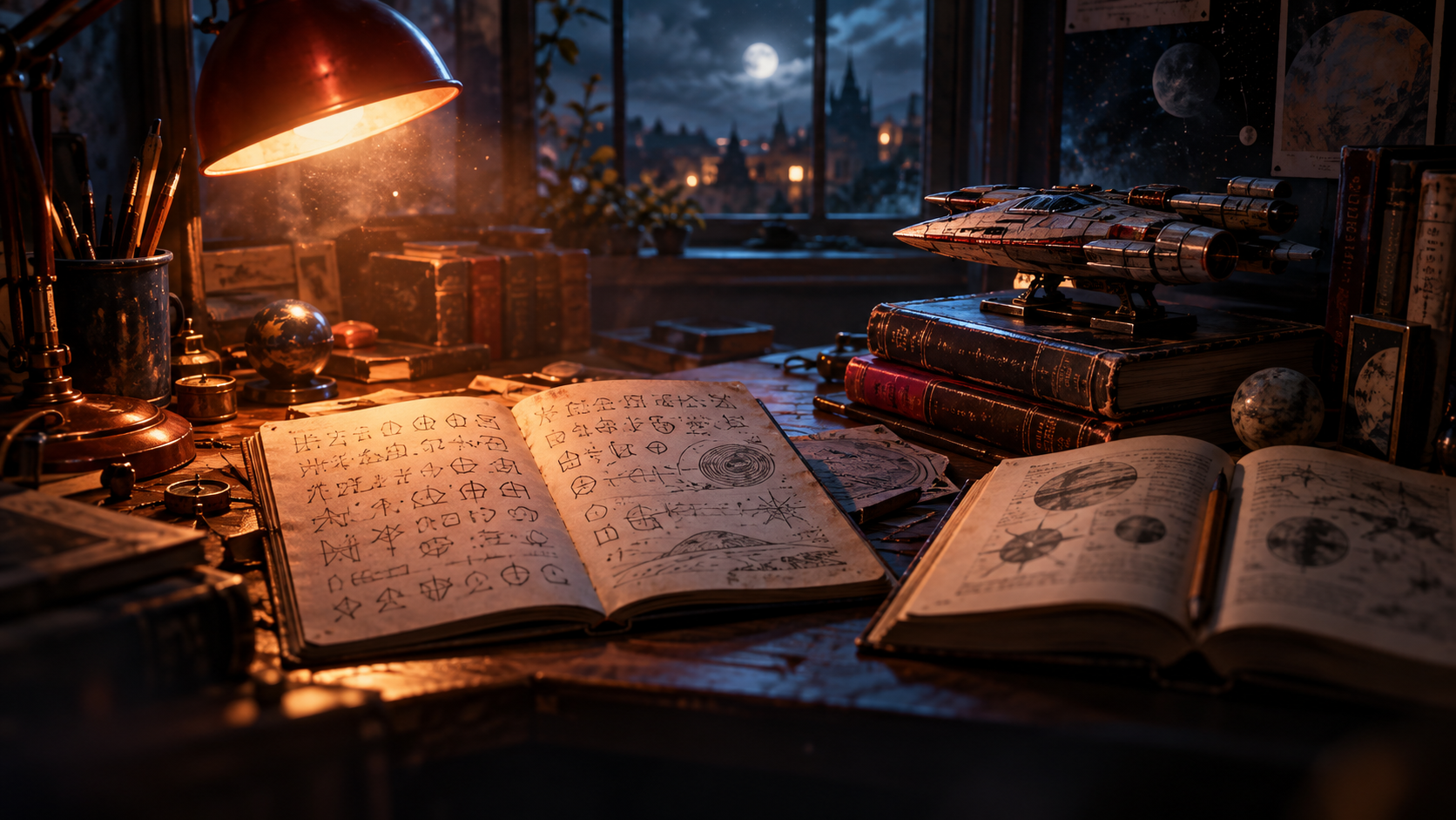 OGE Word Forms Lesson 1 vocabulary — editorial cinematic photo of a school notebook open on a desk at dusk, its page covered in strange alien alphabet symbols, with a small toy starship beside it, warm coral neon glow against deep navy shadows