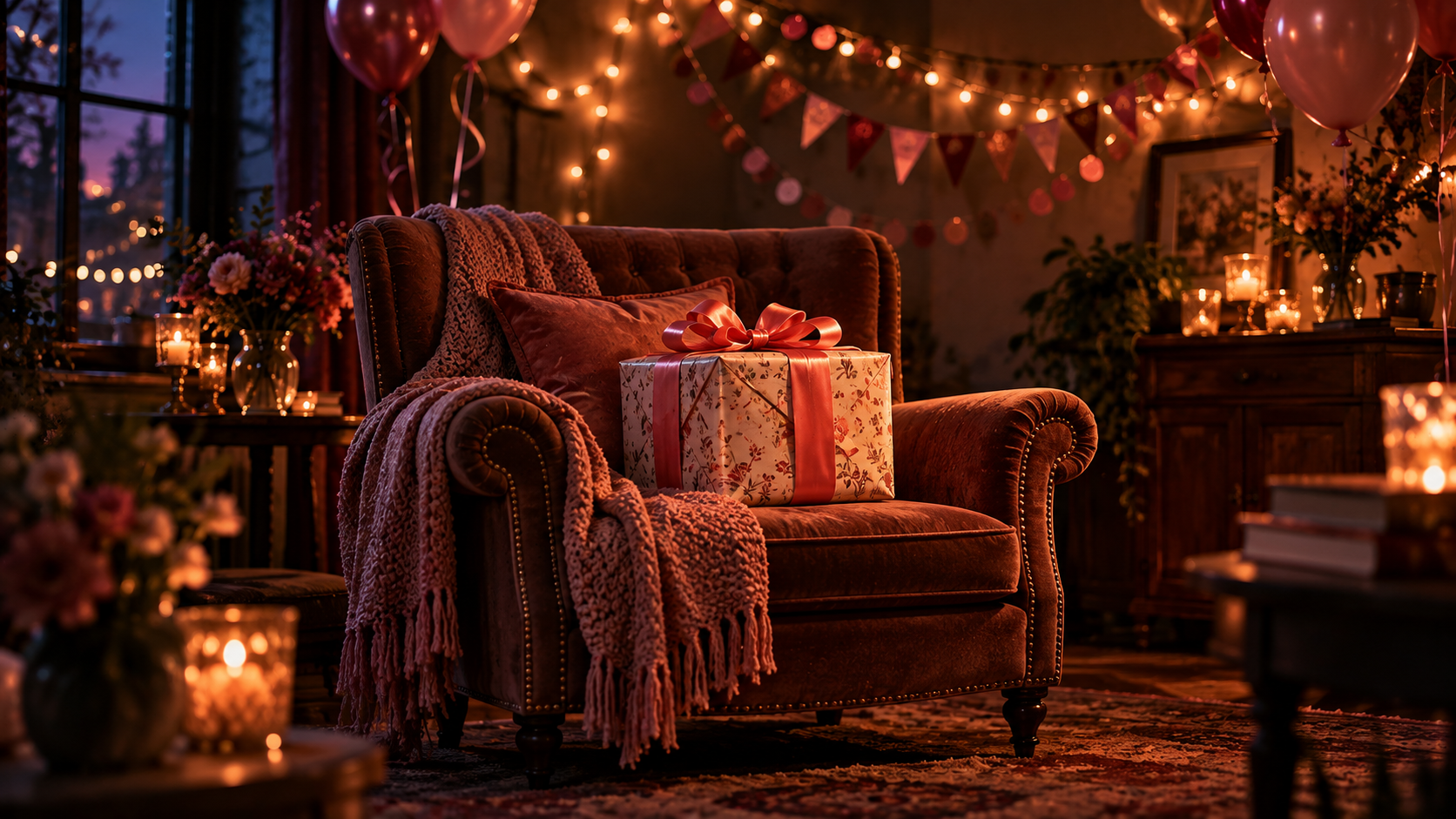 OGE Practice Lesson 3 — editorial cinematic photo of a cosy living room hung with paper garlands and fairy lights, a wrapped gift on an armchair, plum and warm amber tones