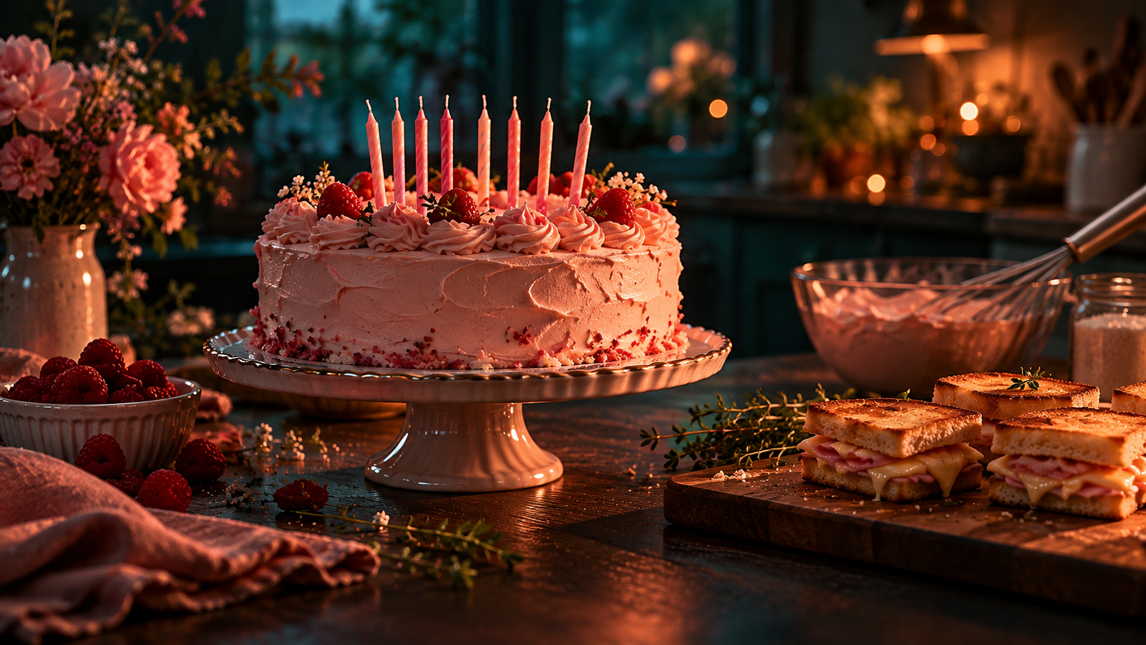OGE Word Building Lesson 2 — editorial cinematic photo of a wooden board of small French sandwiches next to a homemade birthday cake with unlit candles, soft teal light and a warm coral glow