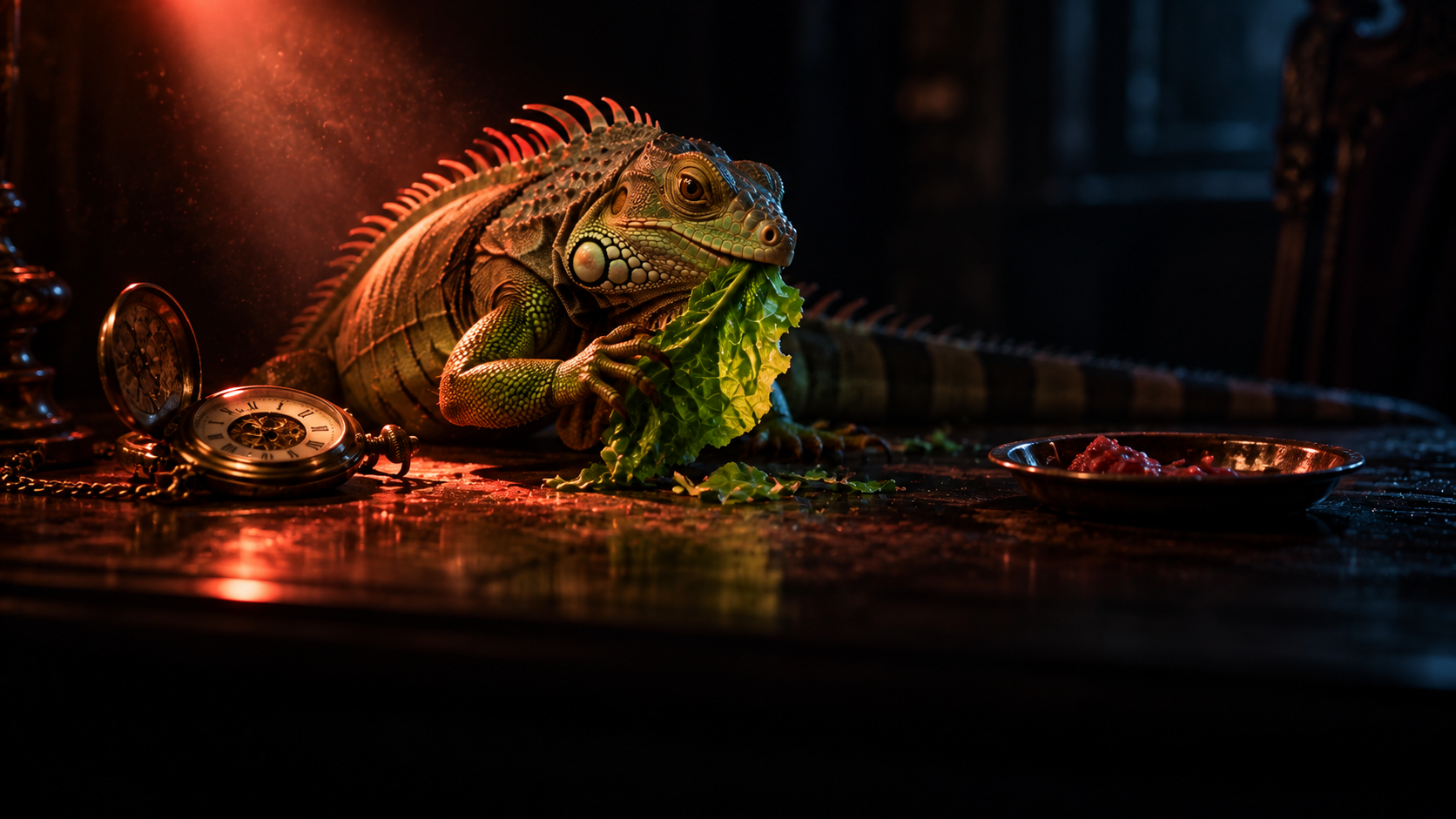 OGE Real Test Lesson 4 — editorial cinematic photo of an iguana nibbling a single green leaf in a dark room, lit by one narrow coral spotlight against near-black shadows
