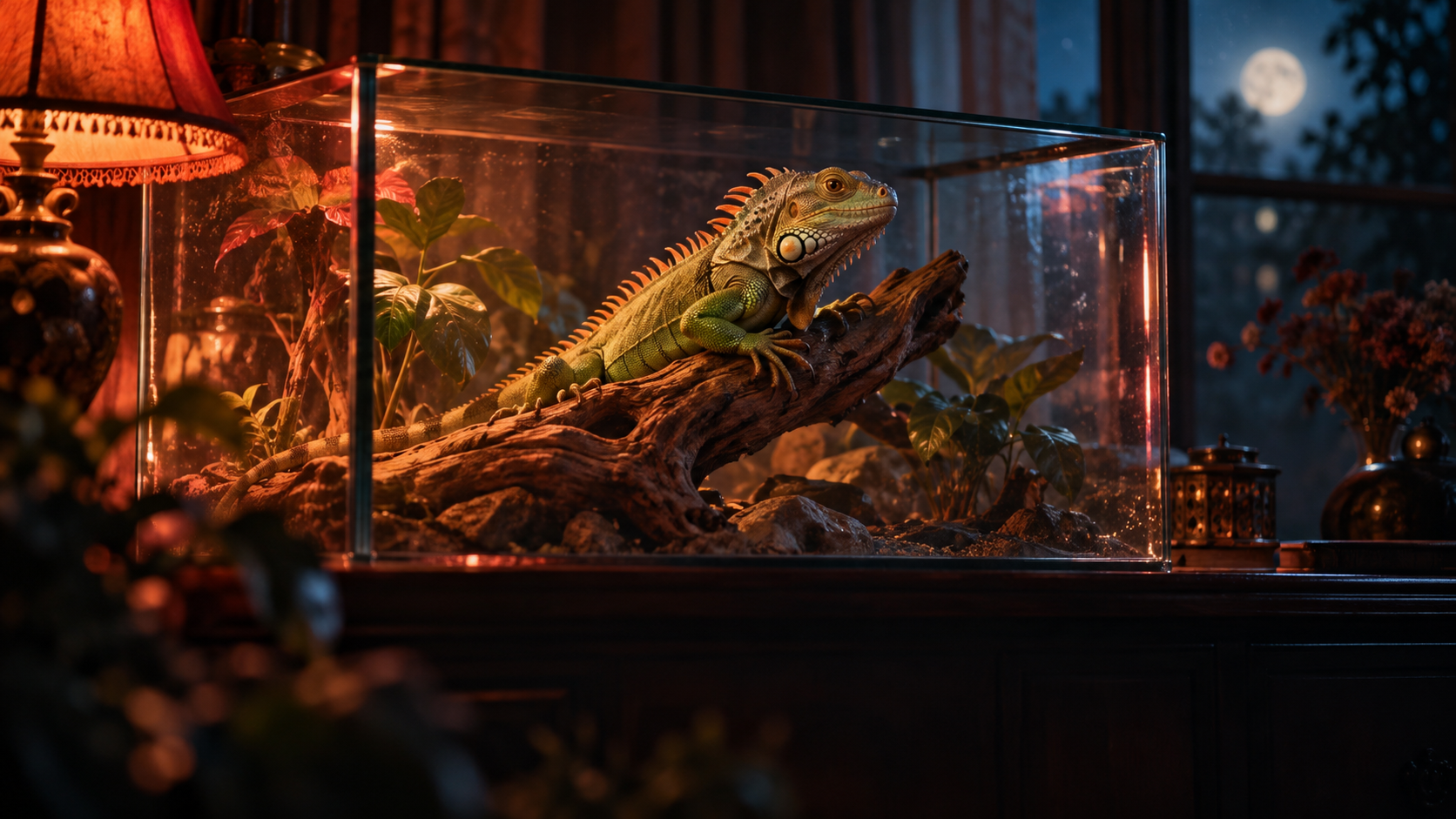 OGE Word Forms Lesson 1 vocabulary — editorial cinematic photo of a green iguana resting on a sunlit branch beside an empty glass fish tank, warm coral light against deep navy shadows