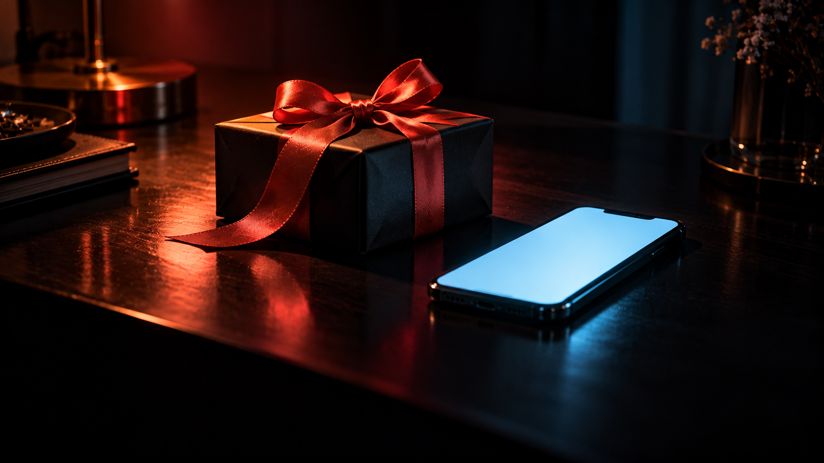 OGE Real Test Lesson 4 — editorial cinematic photo of a small wrapped gift with a red ribbon beside a phone on a dark desk, lit by one narrow coral spotlight against near-black shadows