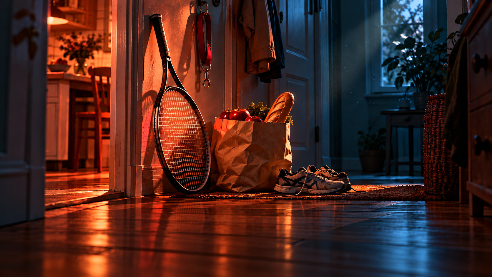 OGE Word Building Lesson 2 — editorial cinematic photo of a hallway on a busy Sunday: a tennis racket, a dog lead and a supermarket bag by the door, coral rim light against deep teal shadows