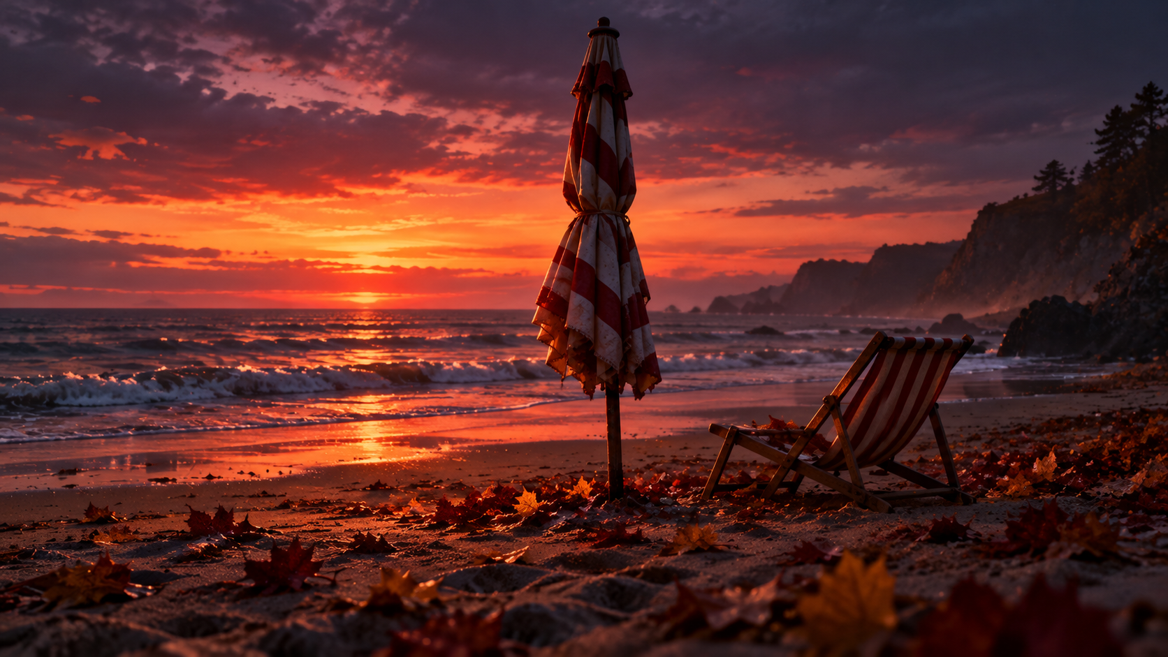 OGE Practice Lesson 3 — editorial cinematic photo of a closed striped beach umbrella on an empty beach with autumn leaves at dusk, warm coral light against deep violet shadows