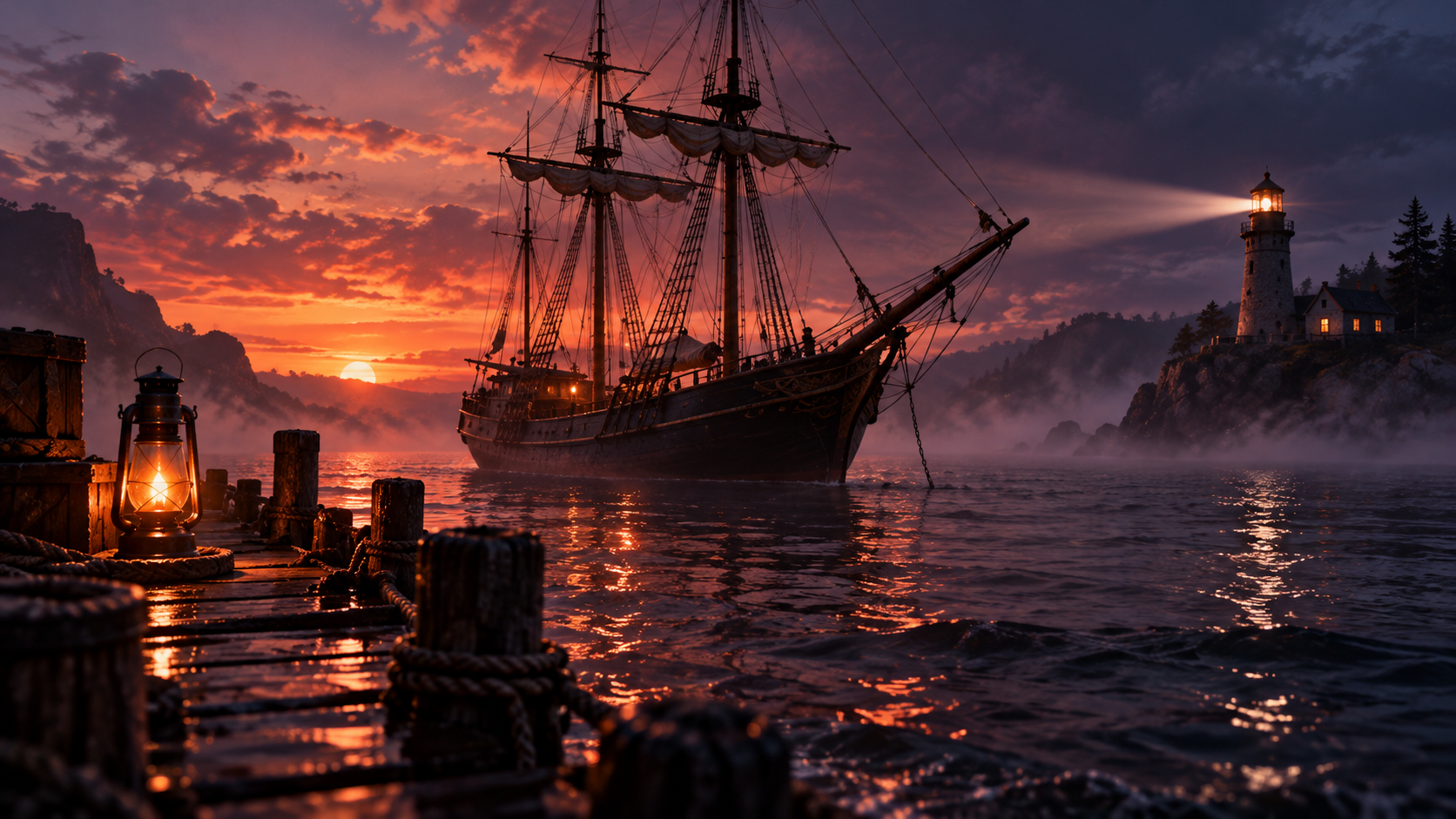 OGE Practice Lesson 3 — editorial cinematic photo of an old sailing ship at anchor in a quiet harbour at dusk with a lit lighthouse behind it, warm coral light against deep violet shadows