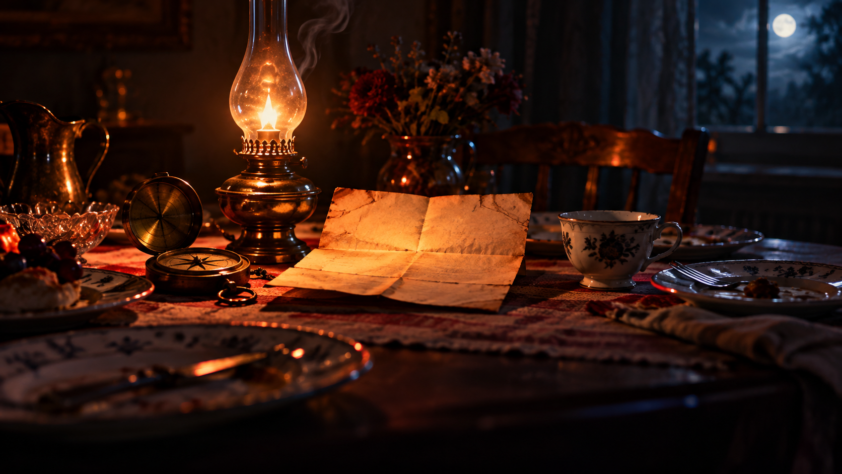 OGE Word Forms Lesson 1 vocabulary — editorial cinematic photo of an old yellowed telegram on a family dinner table beside a brass oil lamp and an old sailor’s compass, warm coral lamplight against deep navy shadows