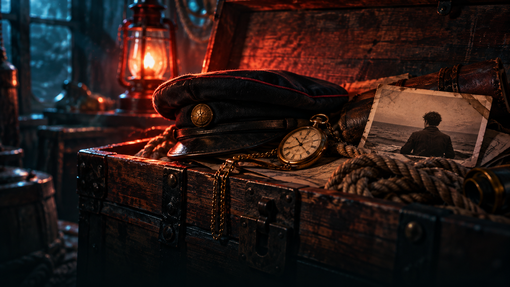 OGE Word Building Lesson 2 — editorial cinematic photo of a weathered sailor’s cap, a brass pocket watch and a faded photograph of a young man on an old wooden chest, coral rim light against deep teal shadows