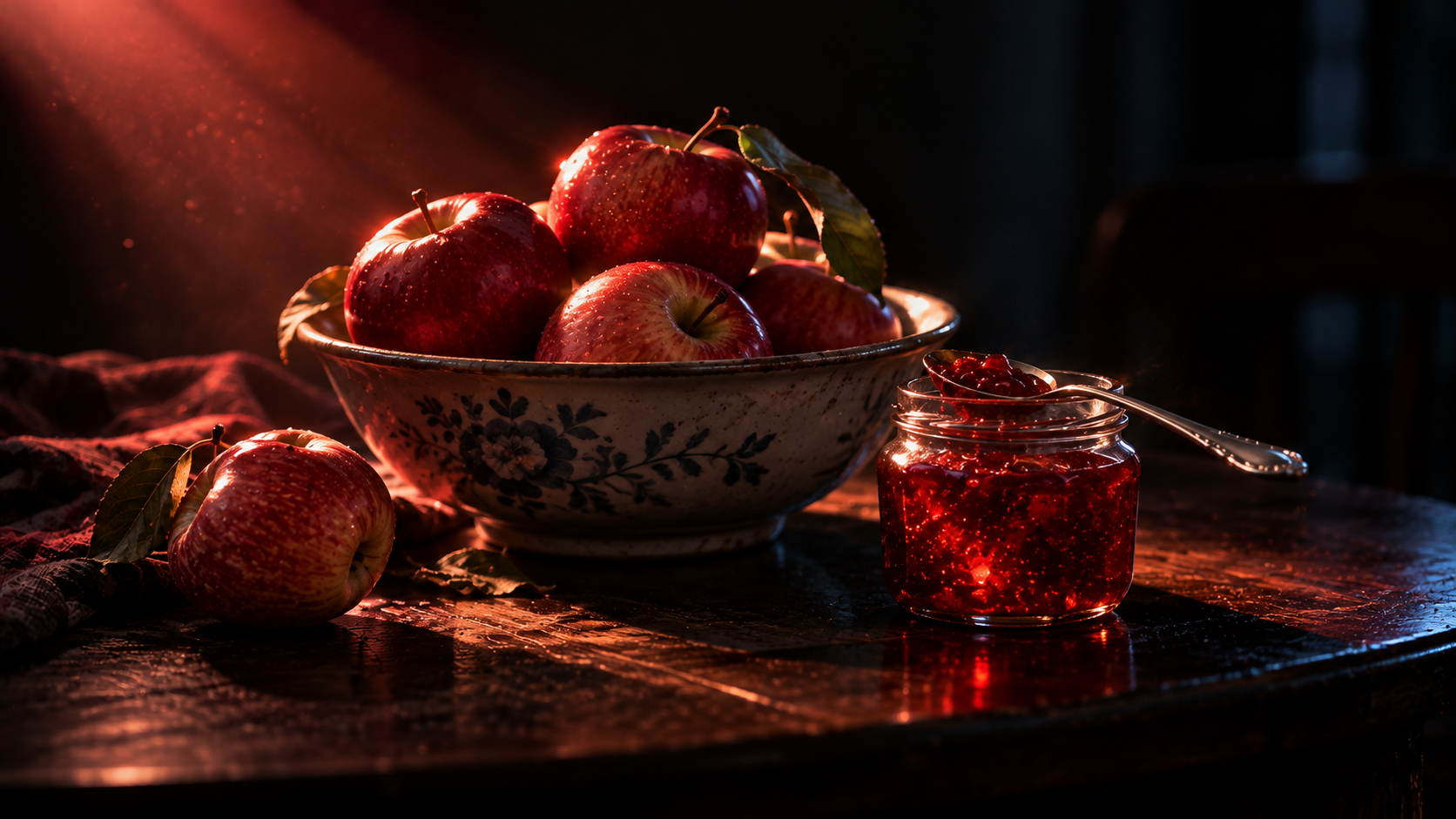 OGE Real Test Lesson 4 — editorial cinematic photo of a ceramic bowl of red apples and a jar of strawberry jam on a dark wooden table, lit by one narrow coral spotlight against near-black shadows