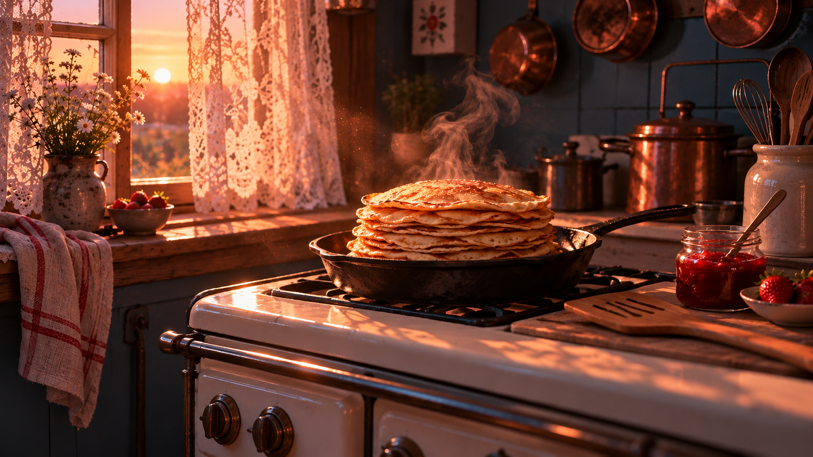 OGE Word Forms Lesson 1 vocabulary — editorial cinematic photo of a stack of fresh pancakes in a cast-iron pan on an old stove in a grandmother's kitchen at sunrise, warm coral light and steam against deep navy shadows