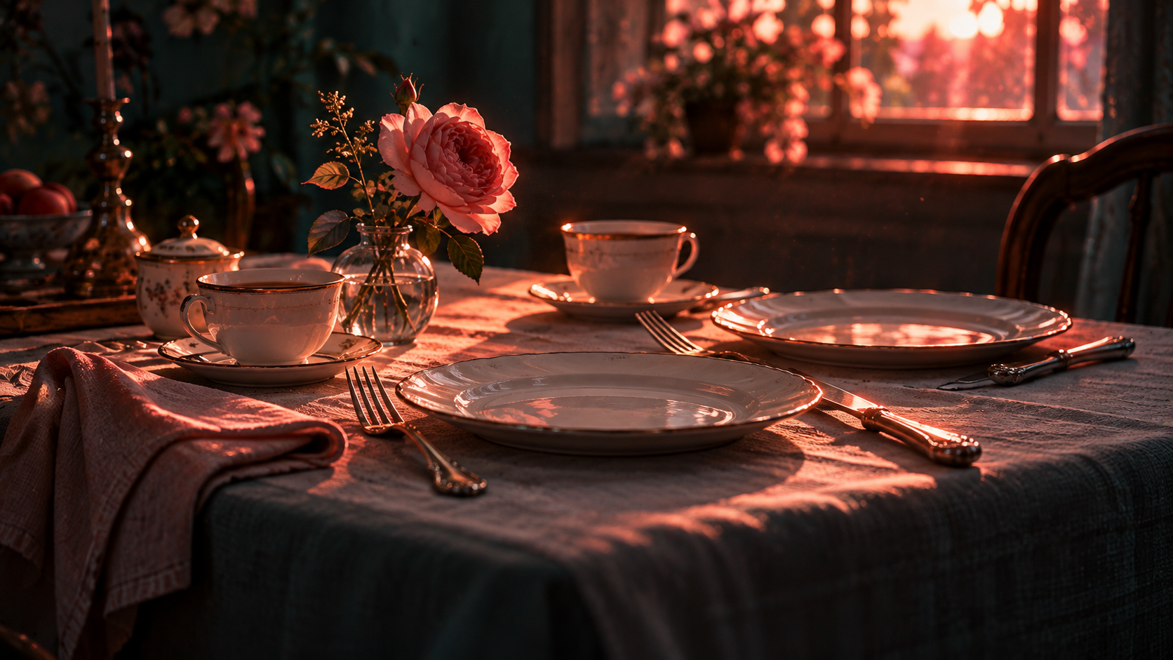 OGE Word Building Lesson 2 — editorial cinematic photo of a breakfast table laid for two with plates, cups, knives and forks on a linen cloth, coral rim light against deep teal shadows