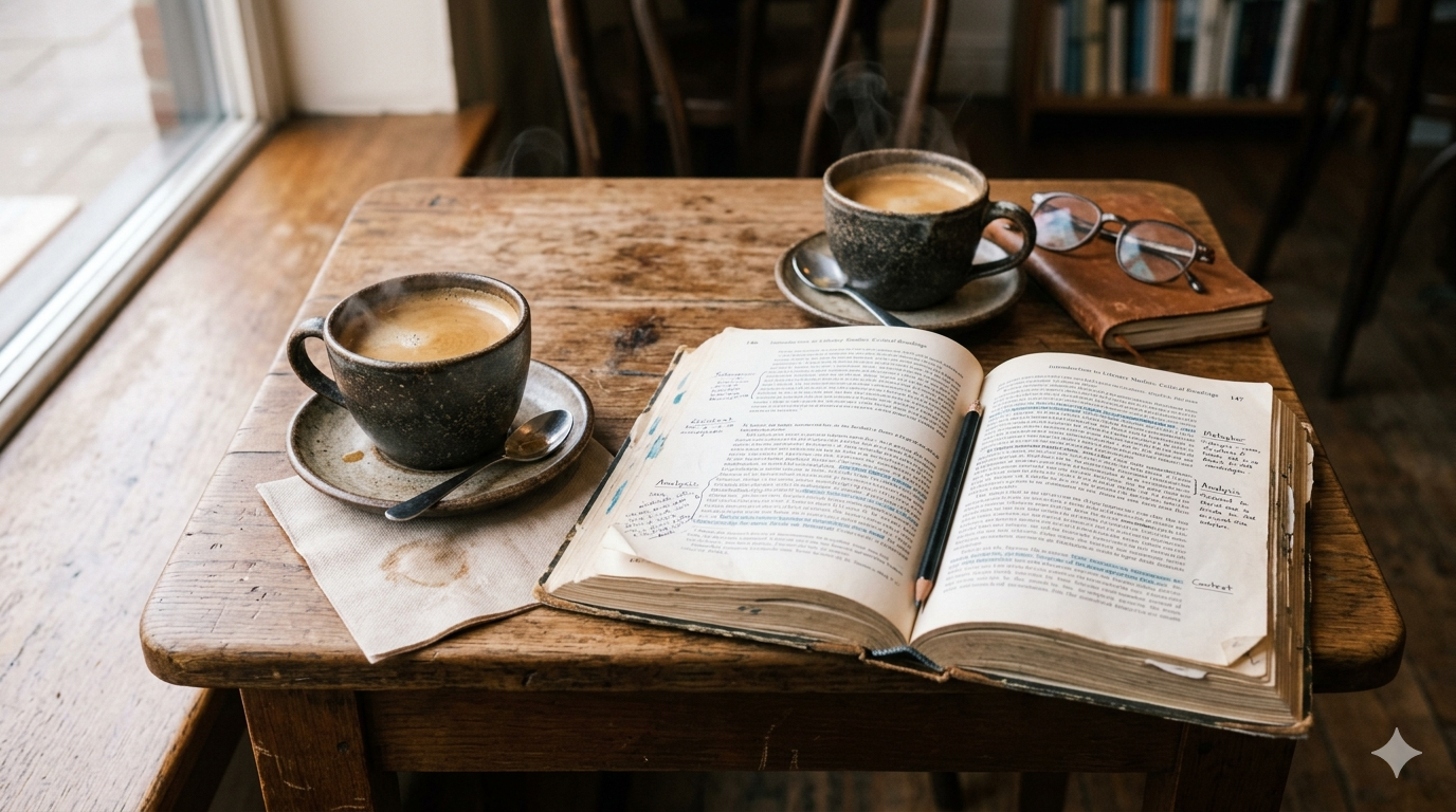 A cosy café table with two cups of coffee and a book — A1 Lesson 1 Reading