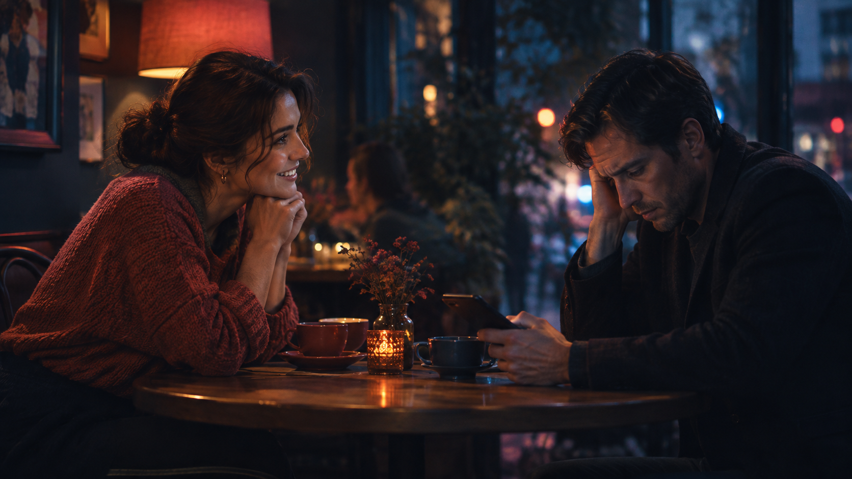 A1 Lesson 1 How is it vocabulary — editorial cinematic photo of two people talking across a small café table at dusk, warm amber light against deep navy shadows