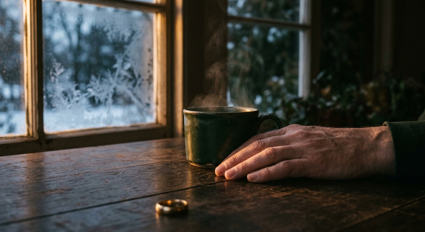 A1 Lesson 1 Writing — a cinematic editorial still life about feelings and news: a tired hand resting near a warm cup, a cold window, and a wedding ring, in warm amber and deep green tones