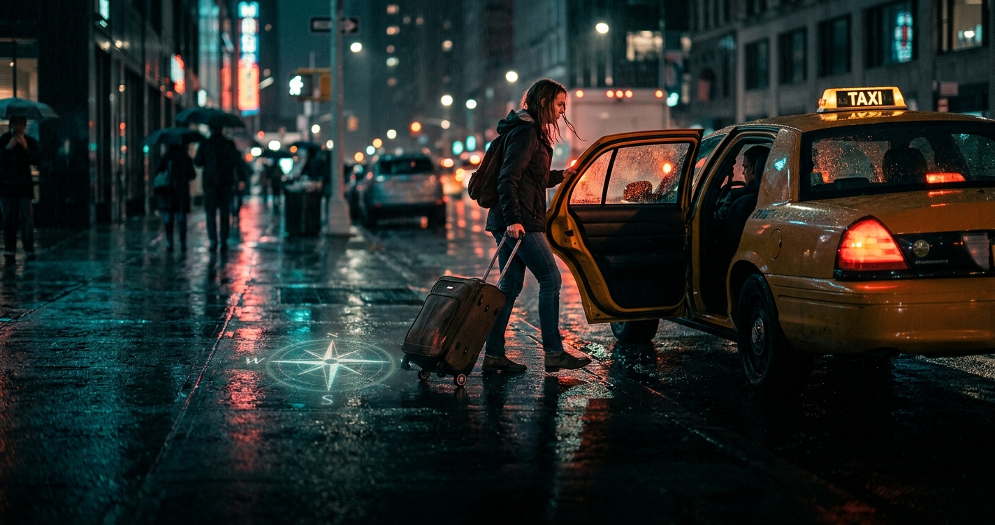 A traveller with a suitcase getting into a taxi on a rain-wet city street at night, city lights and a glowing compass reflection on the pavement