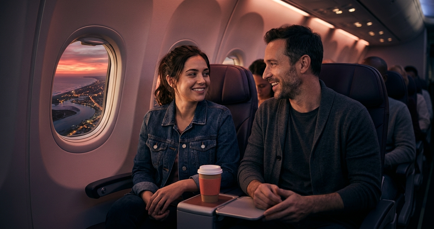 Two travellers chat in neighbouring seats on an evening flight: a tired young woman smiles at a friendly man next to her, a paper coffee cup on the tray table and a glowing coastline outside the window