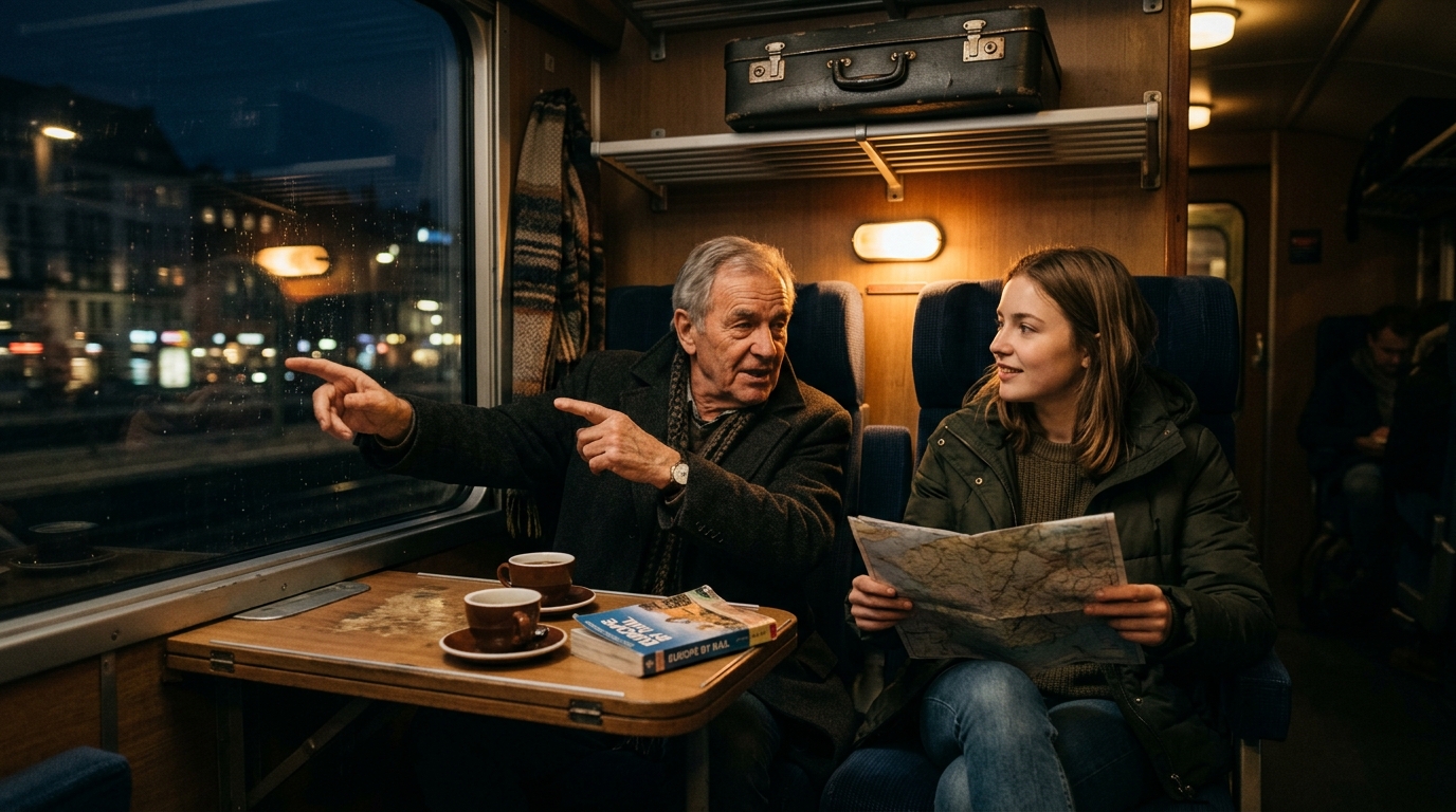A2 Chapter 1 Lesson 1 speaking — night train carriage: a young woman traveller in a padded jacket sits by the window holding a paper map, while an older man in a wool coat points out the window and talks to her; two cups of coffee and a travel guide on the table, a suitcase on the rack, city lights blurred in the dark window