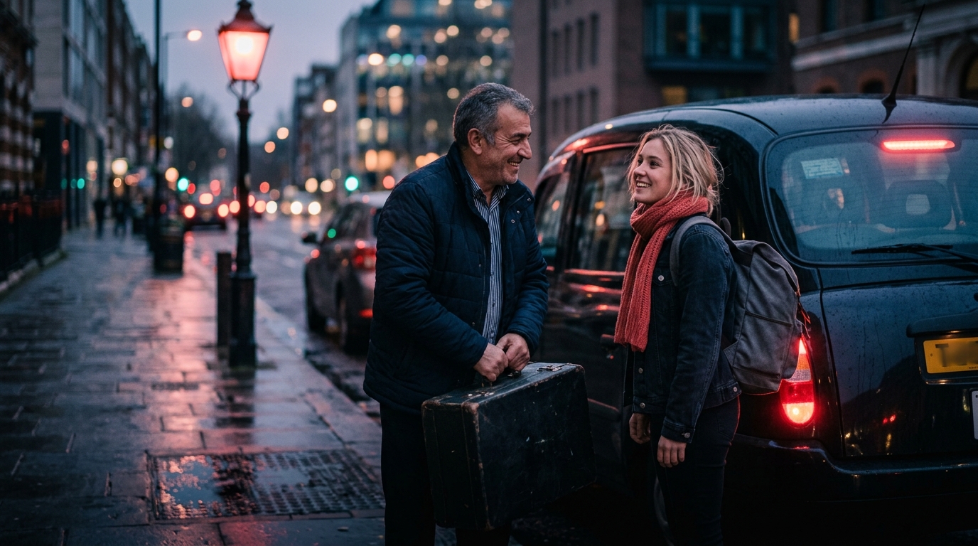 A2 Chapter 1 Lesson 1 Where are you from vocabulary — editorial cinematic photo of a smiling taxi driver lifting a suitcase for a tourist woman at a city kerb at blue hour, warm coral tail lights and a glowing street lamp against deep navy shadows