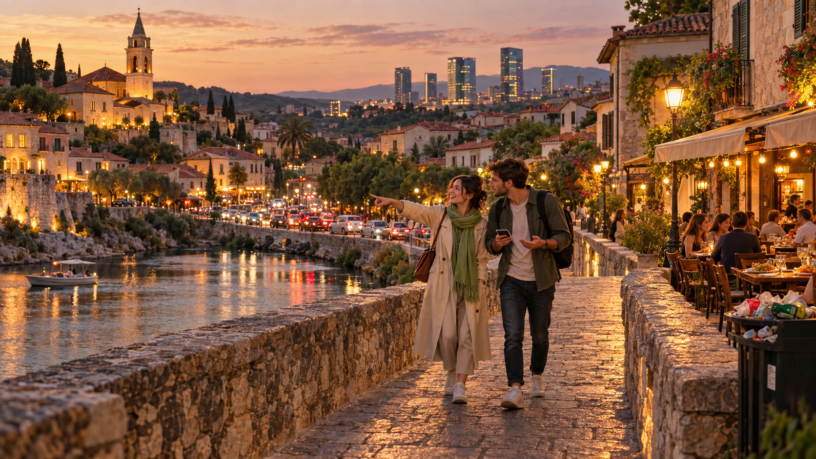 A2 Chapter 1 Lesson 2 speaking — an old riverside town in the warm early evening: a young local woman in a pistachio-green scarf stands on an old stone bridge and points at the old town, a young man with a backpack and a phone listens to her; cream houses with terracotta roofs and a church tower, a lively café-bar with outdoor tables and string lights by the bridge, an overflowing rubbish bin, a busy riverside road with cars and headlights, a small boat on the river, a few modern glass buildings in the distance
