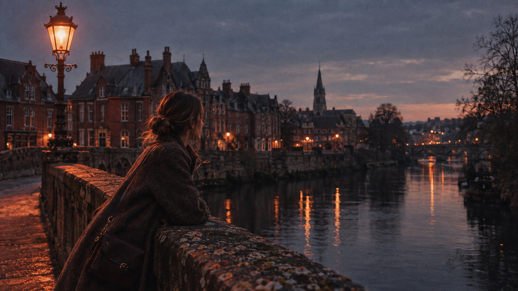 A2 Chapter 1 Lesson 2 A nice place to live vocabulary — documentary 35mm film photo of a young woman leaning on the stone parapet of an old bridge over a river at dusk, lit by the warm glow of a single Victorian street lamp against deep navy shadows