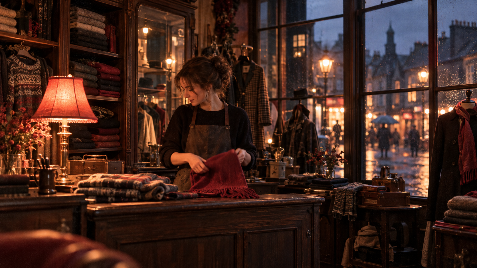 A2 Chapter 1 Lesson 3 What do you do? vocabulary — documentary film photo of a shop assistant folding scarves behind the wooden counter of a small Victorian clothes shop at dusk, warm lamp glow against deep blue shadows