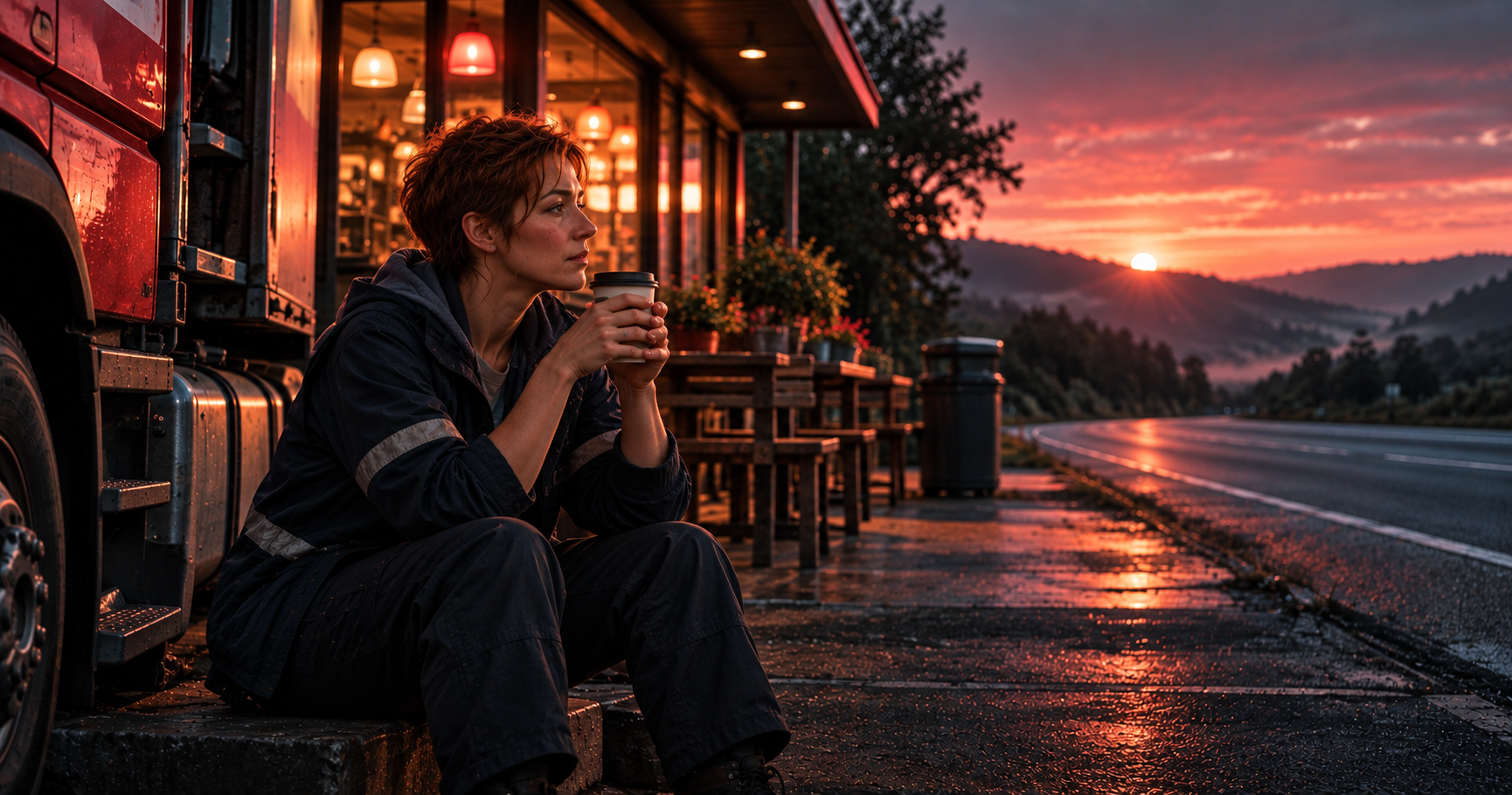 A young woman lorry driver drinks coffee from a paper cup next to her big lorry at a quiet roadside café at dawn, the warm café window glowing behind her and an empty road going into the hills