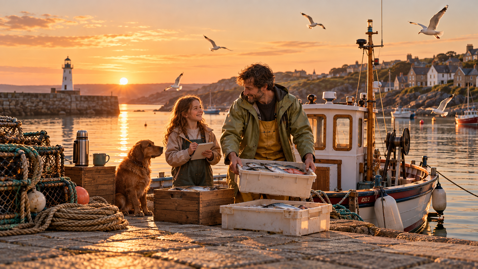 A2 Chapter 1 Lesson 4 speaking — a small stone harbour at sunrise: a fisherman in a pistachio-green waterproof jacket lifts boxes of fish from his small wooden boat onto the quay, his young daughter stands next to him with a notebook, a brown dog sits by a pile of ropes, a flask of tea and a cup stand on a box, seagulls fly over the boat and a white lighthouse stands far away on the left, warm golden light on calm water