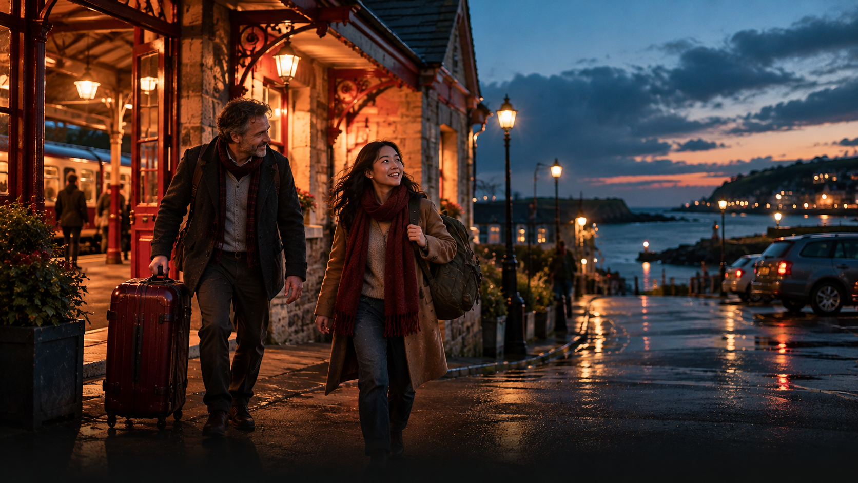 A middle-aged man carries a young woman's big suitcase out of a small seaside railway station in the evening, she holds a backpack and looks around at the new town, warm station lights and a quiet car park behind them