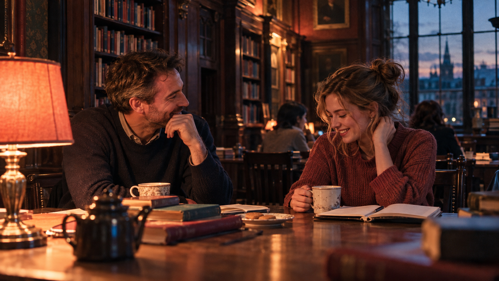 A2 Chapter 1 Lesson 5 Getting to know people vocabulary — documentary film photo of the first evening of an adult English class in an old library room: two students who meet for the first time talk over cups of tea at a wooden table, warm lamp glow against deep blue shadows