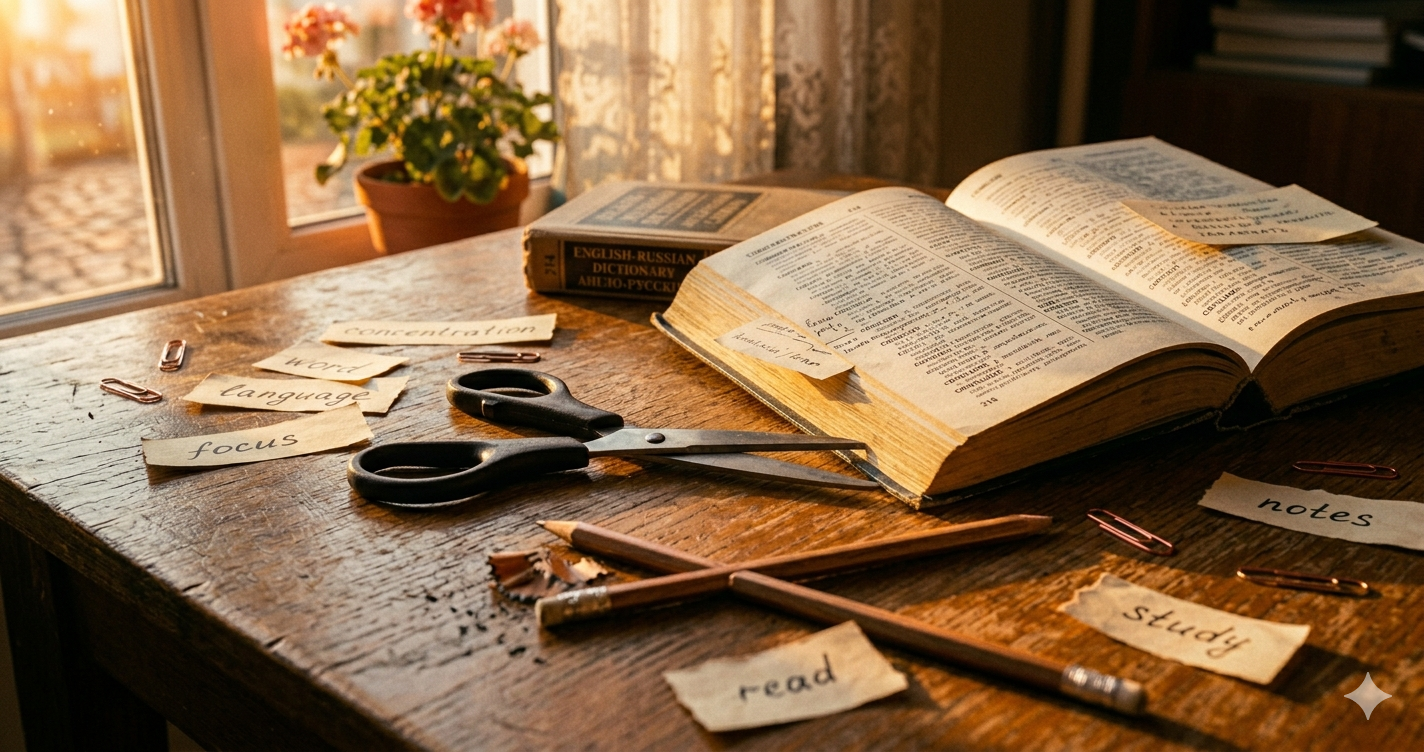 Lesson 4 Listening — A2 English, learning new words, scissors and a dictionary on a language classroom desk