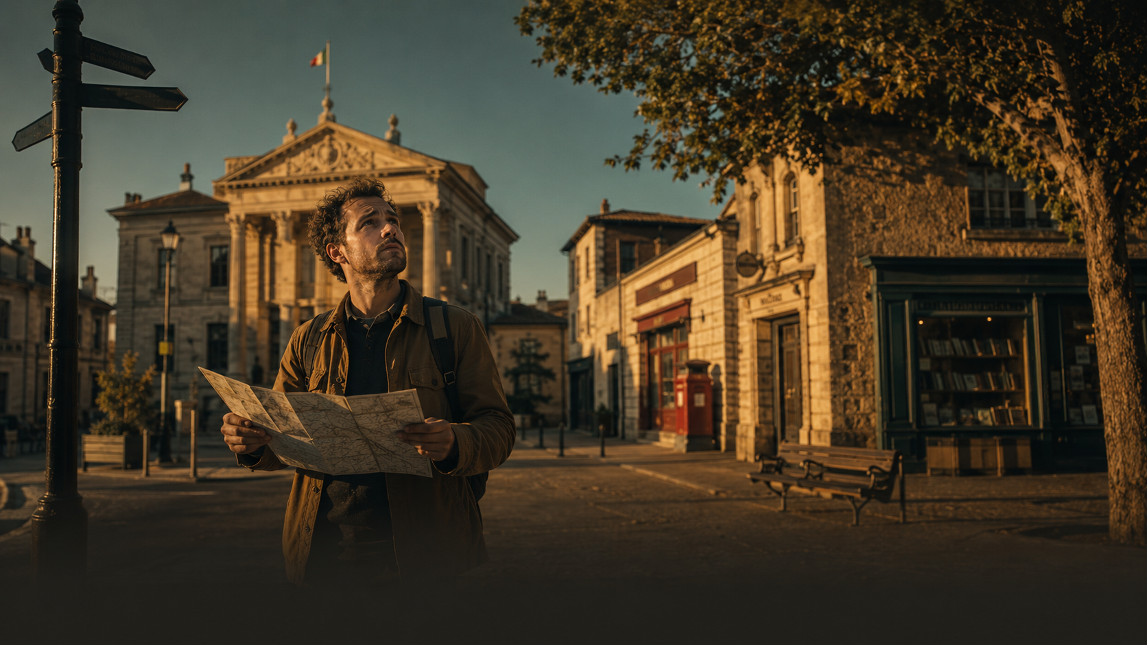 A2 Lesson 3 speaking — a man checking a paper map in a town main square, government building and post office in the background