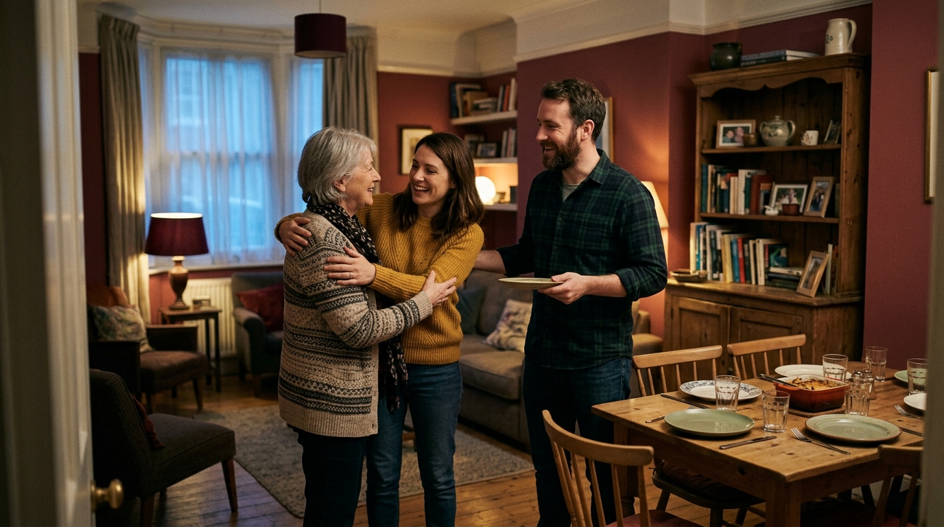 A2 Lesson 4 Family home grammar — possessives, a family having dinner together in a rented flat