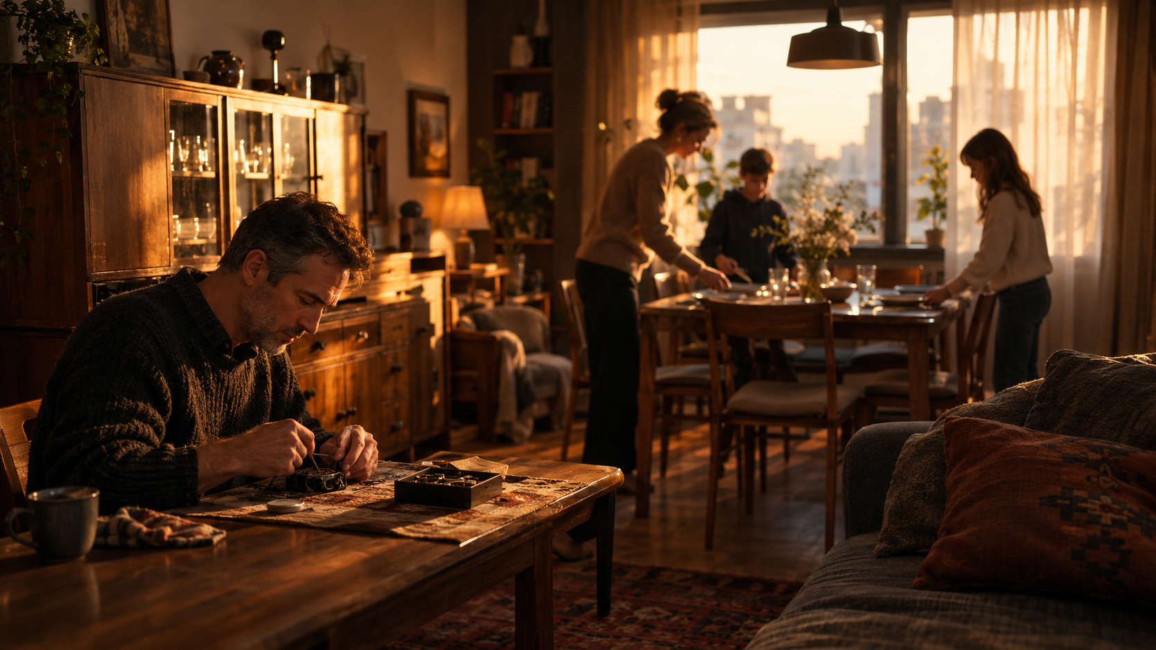 A2 Lesson 4 speaking — a small rented flat living room in warm evening light, a wooden cupboard and simple furniture, a father repairing a chair by the dinner table while the family gathers round