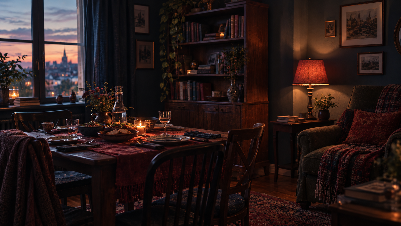 A2 Lesson 4 Family home vocabulary — editorial cinematic photo of a warm rented apartment interior with furniture, a cupboard and a family dinner table in deep red and navy tones