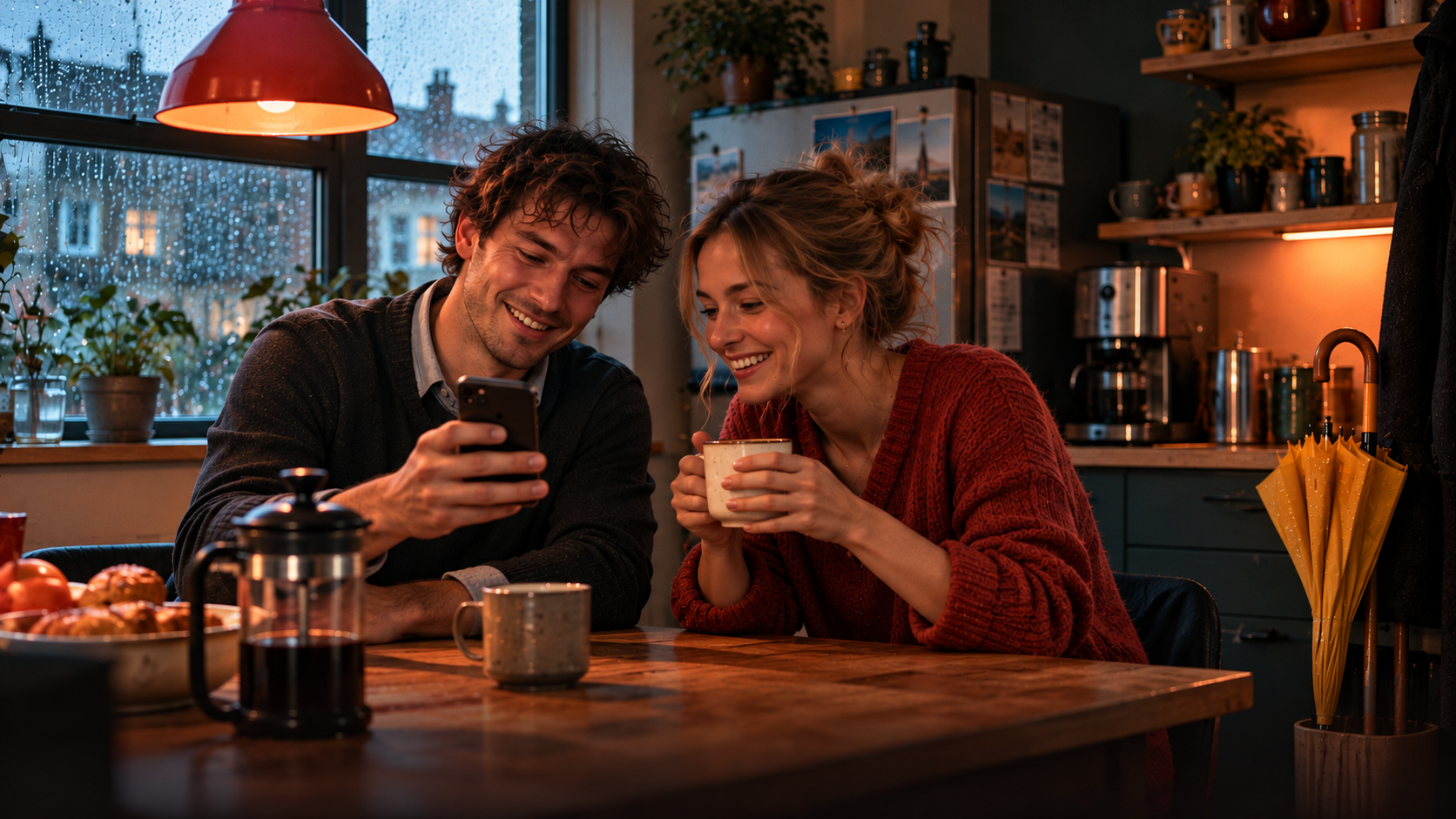 A young man with a sunburnt nose shows holiday photos on his phone to a smiling colleague at a small office kitchen on a grey Monday morning, a wet umbrella in the corner, warm coral-red light from the window and deep dark-teal shadows