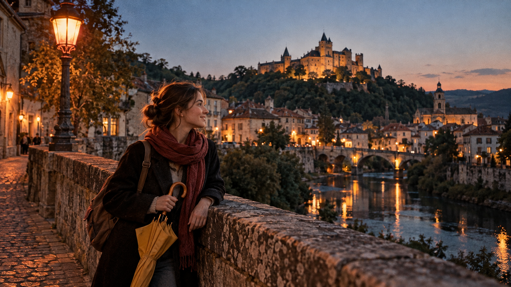 A2 Chapter 4 Lesson 3 It didn't rain once vocabulary — documentary film photo of a young woman on her own on a holiday, she stands on an old stone bridge in a small old town with a castle on the hill behind her, a folded yellow umbrella in her hand under a clear evening sky, warm street-lamp glow against deep blue shadows