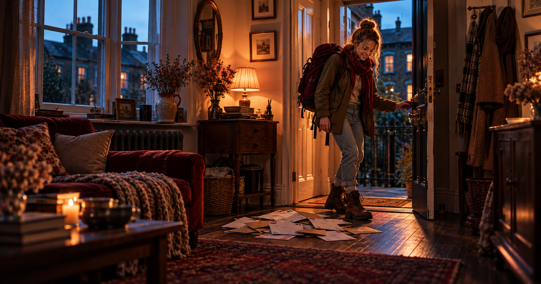 A2 Chapter 4 Lesson 4 Back home grammar — a young woman with a big backpack opens the door of her small flat late on a Sunday evening after a holiday, there are a lot of letters on the floor and two dry plants on the windowsill, her walking boots are muddy, warm light from the hall