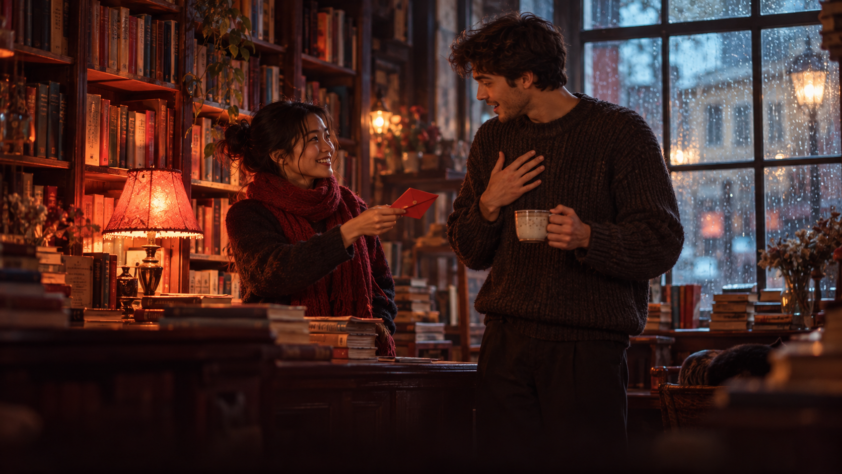 Monday morning in a small old bookshop: a young Chinese woman in a red scarf holds out a small red envelope to her surprised colleague, a tall young man with a cup of tea, between shelves full of books; rain on the window, warm lamp light and soft plum shadows