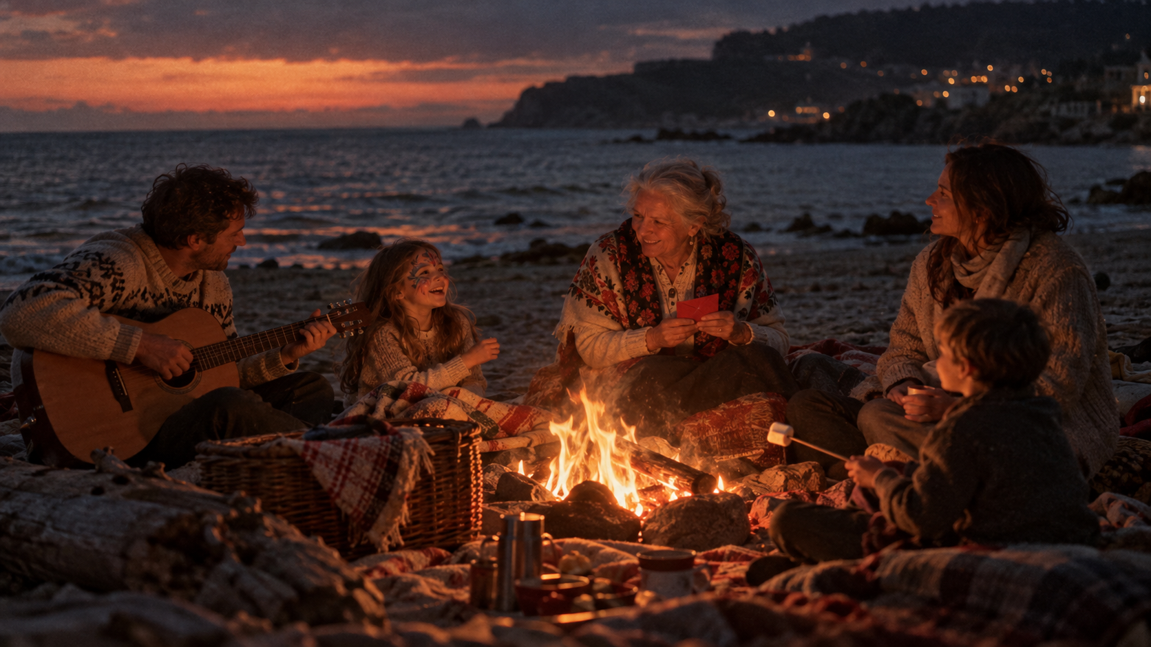 A2 Chapter 4 Lesson 5 What did you do? vocabulary — documentary film photo of a family on a public holiday evening: they sit round a small fire on a quiet beach, a girl with a painted face laughs, a grandmother in traditional clothes holds a red envelope, a picnic basket on the sand, warm firelight against deep blue dusk