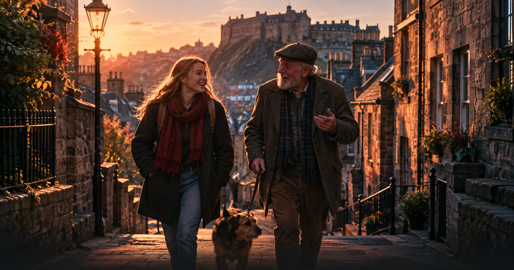 A young Norwegian woman and an old Scottish man walk a small dog together in a quiet Edinburgh street on a cool morning, she laughs at something he says, old stone houses and a castle on the hill behind them, soft morning light