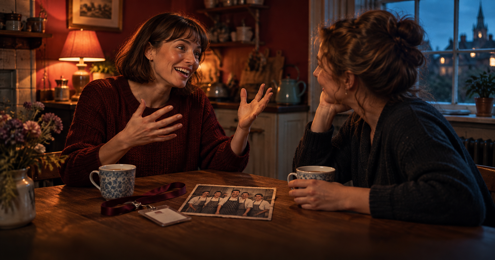 B1 Chapter 1 Lesson 3 Experiences of work grammar — late evening in a small kitchen: a woman in her thirties tells her old friend about her first job, an old staff badge and a faded photo of a hotel kitchen team on the table between two cups of tea, warm lamp light against dark red walls