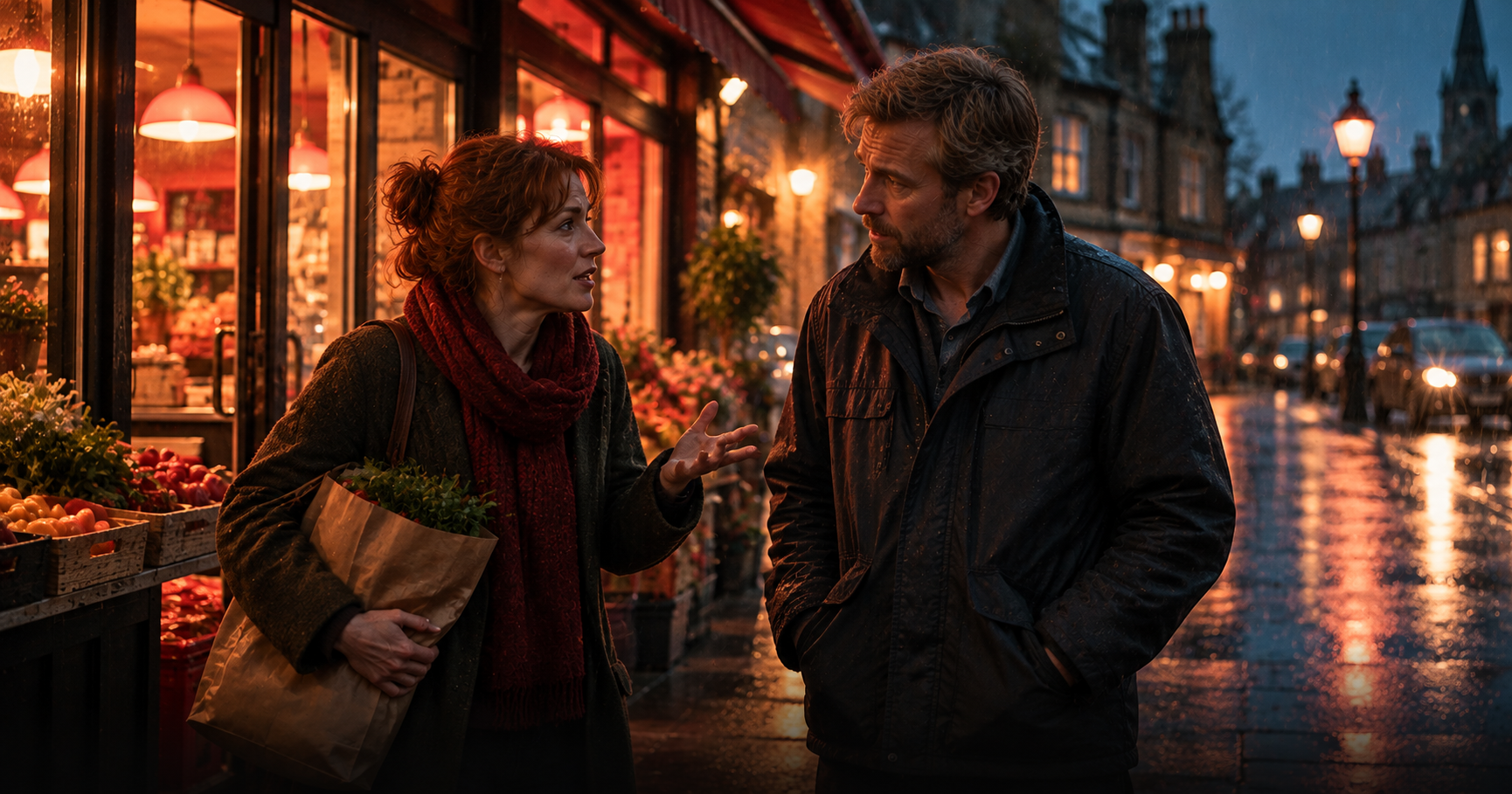Two former colleagues meet by chance outside a small supermarket on a rainy evening: a woman with a shopping bag tells a man in a work jacket about her week, he listens with a worried face, warm shop light falls on the wet pavement behind them